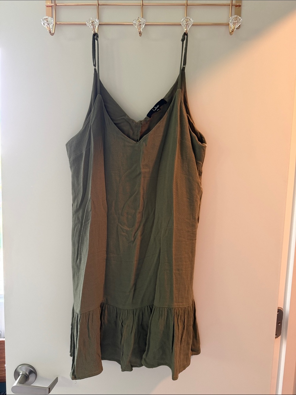 Lulu's Olive Green Slip Dress with V-Neck and Ruffle Hem
